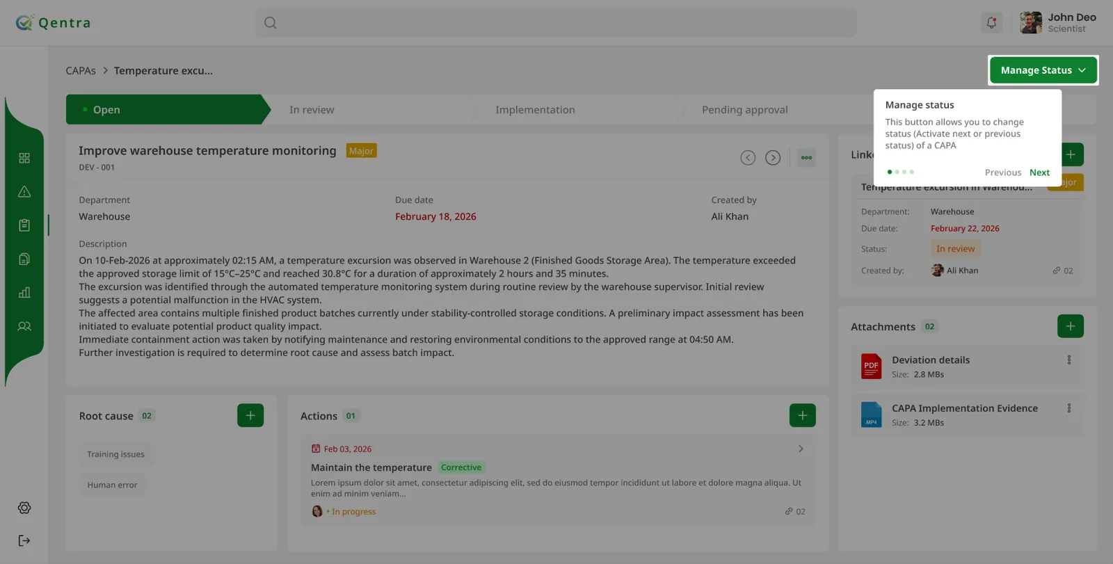 CAPA record in QENTRA with status bar, root cause, actions and attachments