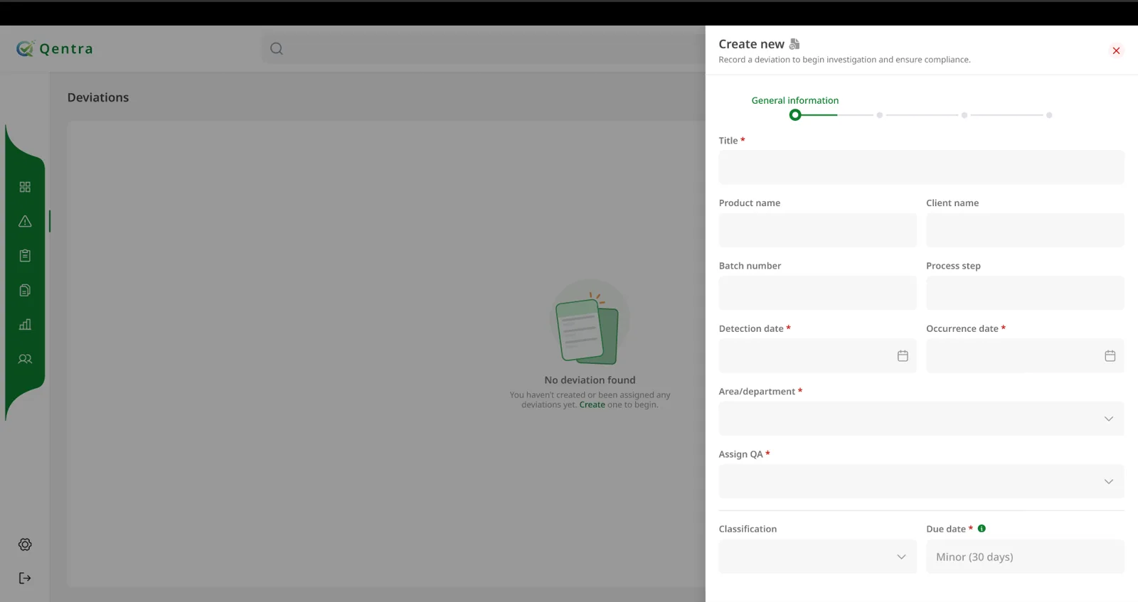 Creating a new deviation in QENTRA with guided steps