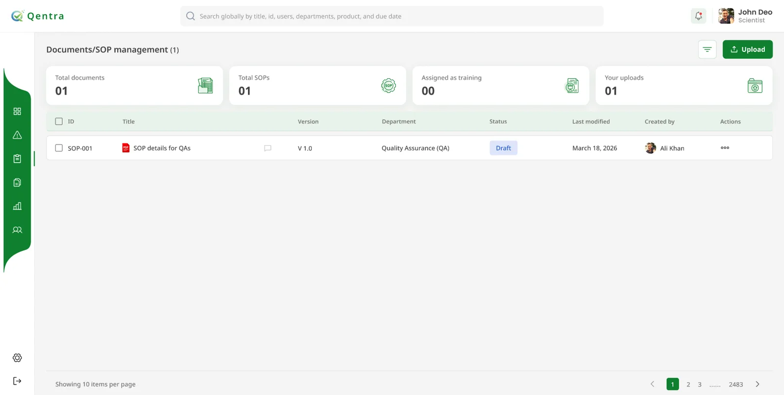 Documents and SOP management list in QENTRA with versions and status